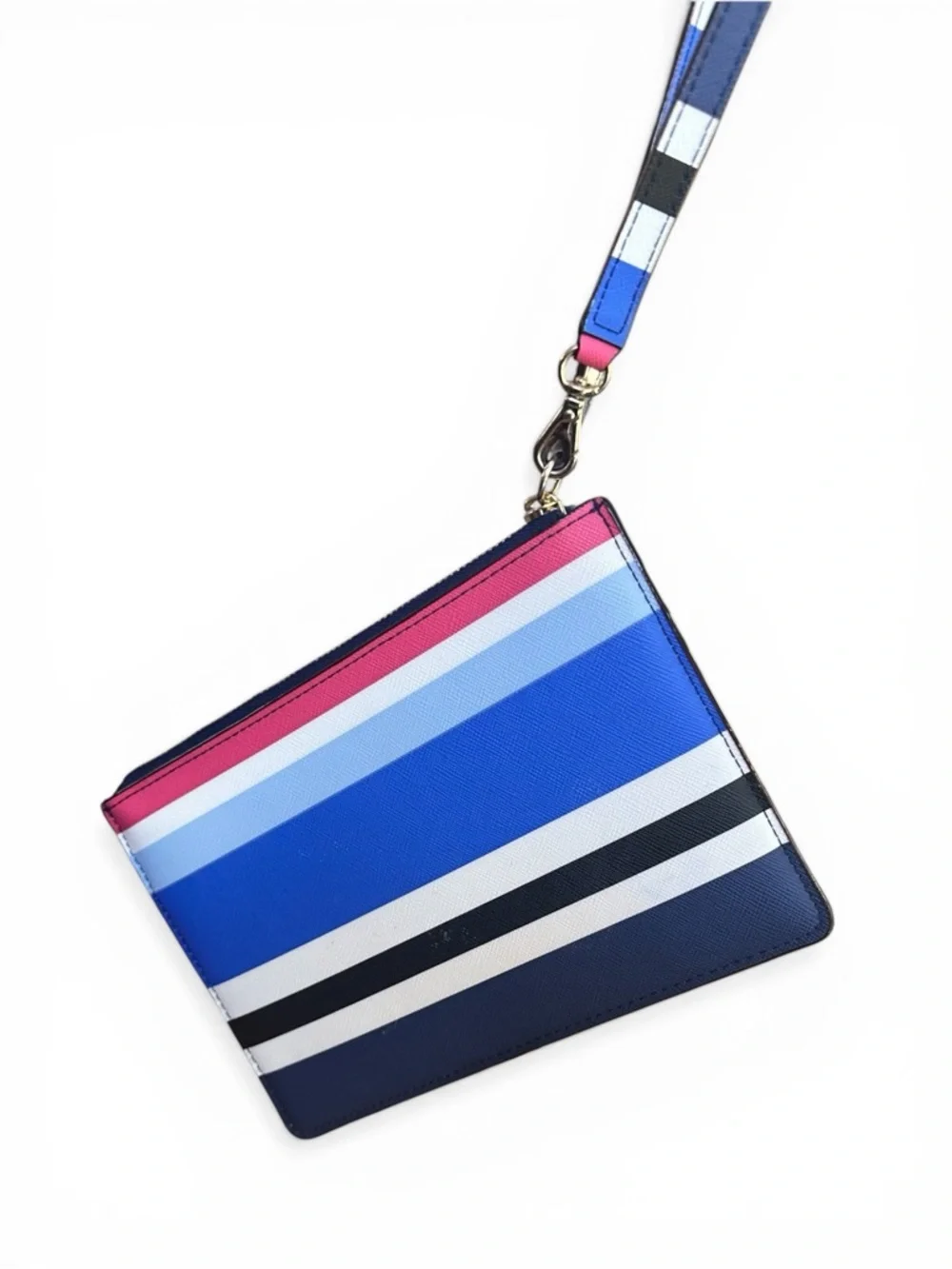 Kate Spade Striped Saffiano Leather Wristlet Blue Multi Zip Pouch Clutch NWOT